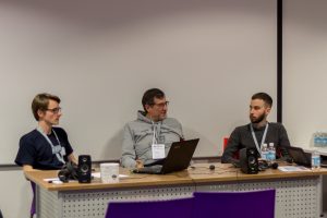 Raphael Mair, Michael Beckenkamp und Erwan Kucharski bei der Wikimedia Conferentie Nederland 2016, MeetingPlaza, Utrecht